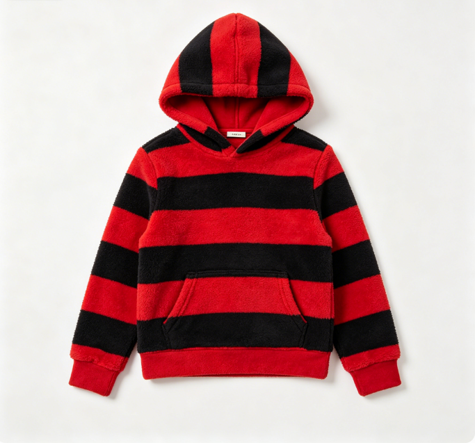 Kids Boys Red‑Black Stripe Fleece Hoodie