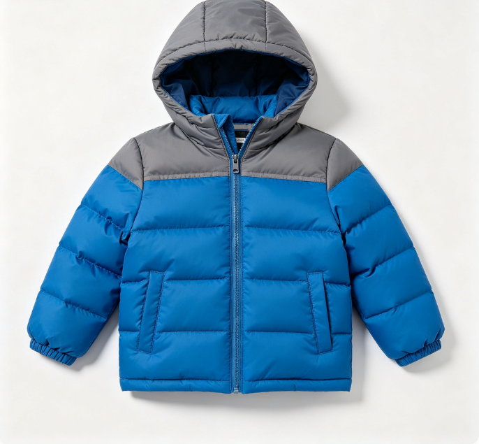 Kids Boys Blue‑Grey Water‑Resistant Winter Puffer Coat